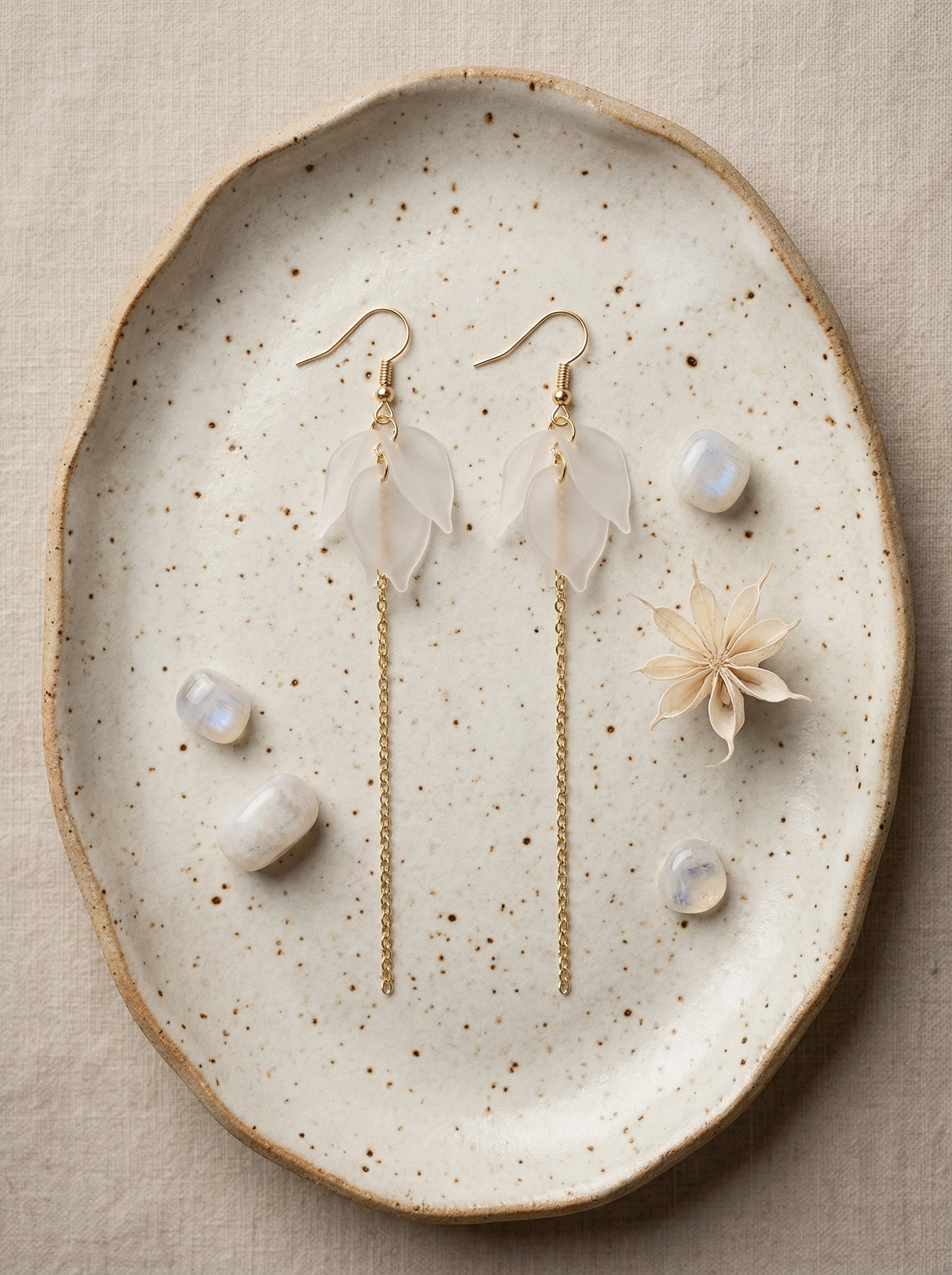White Leaf Dangle Earrings with Gold S925 Silver Hooks