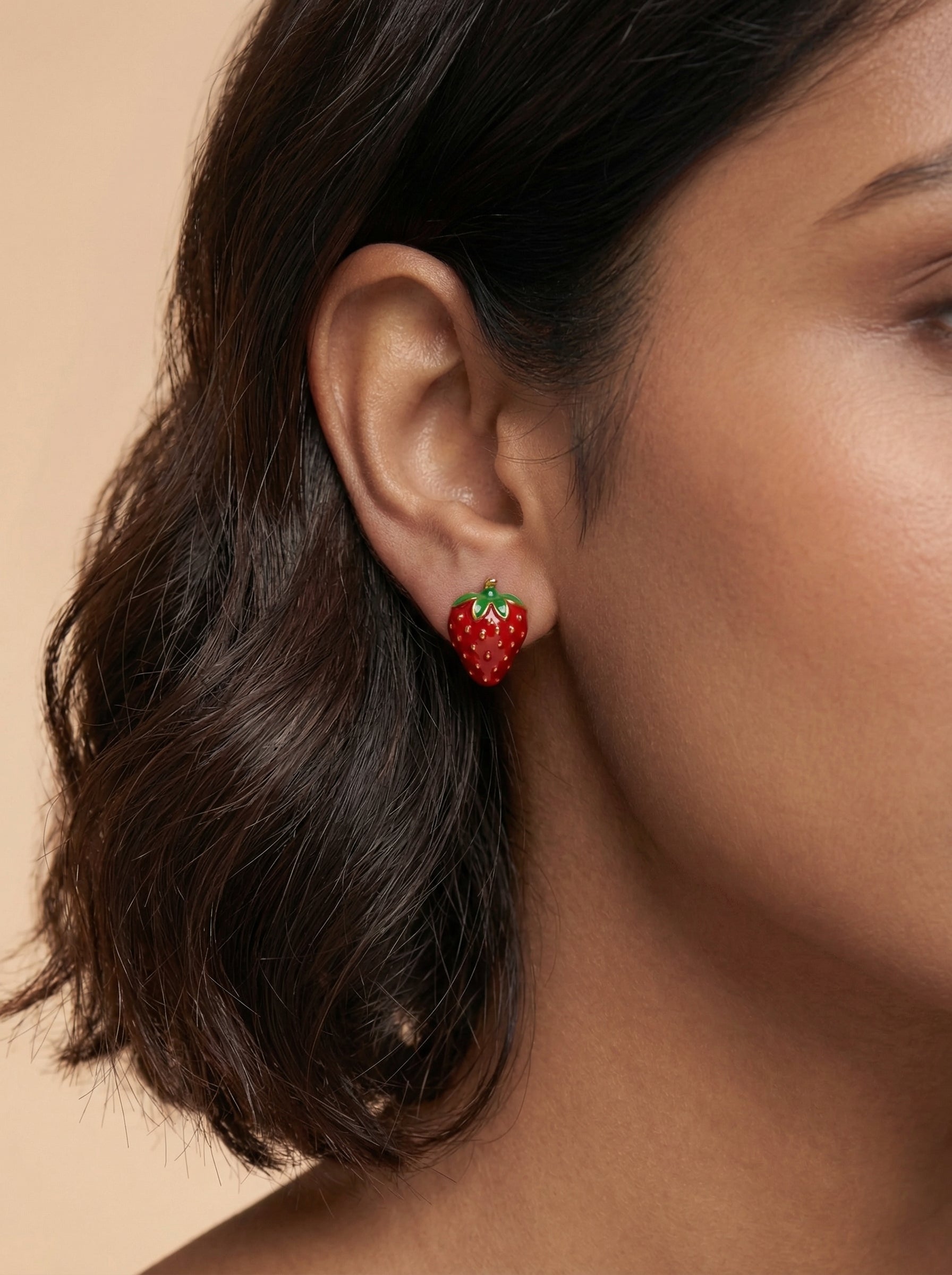 Red Strawberry Drop Earrings with Green Alloy Leaves & Silver Needle