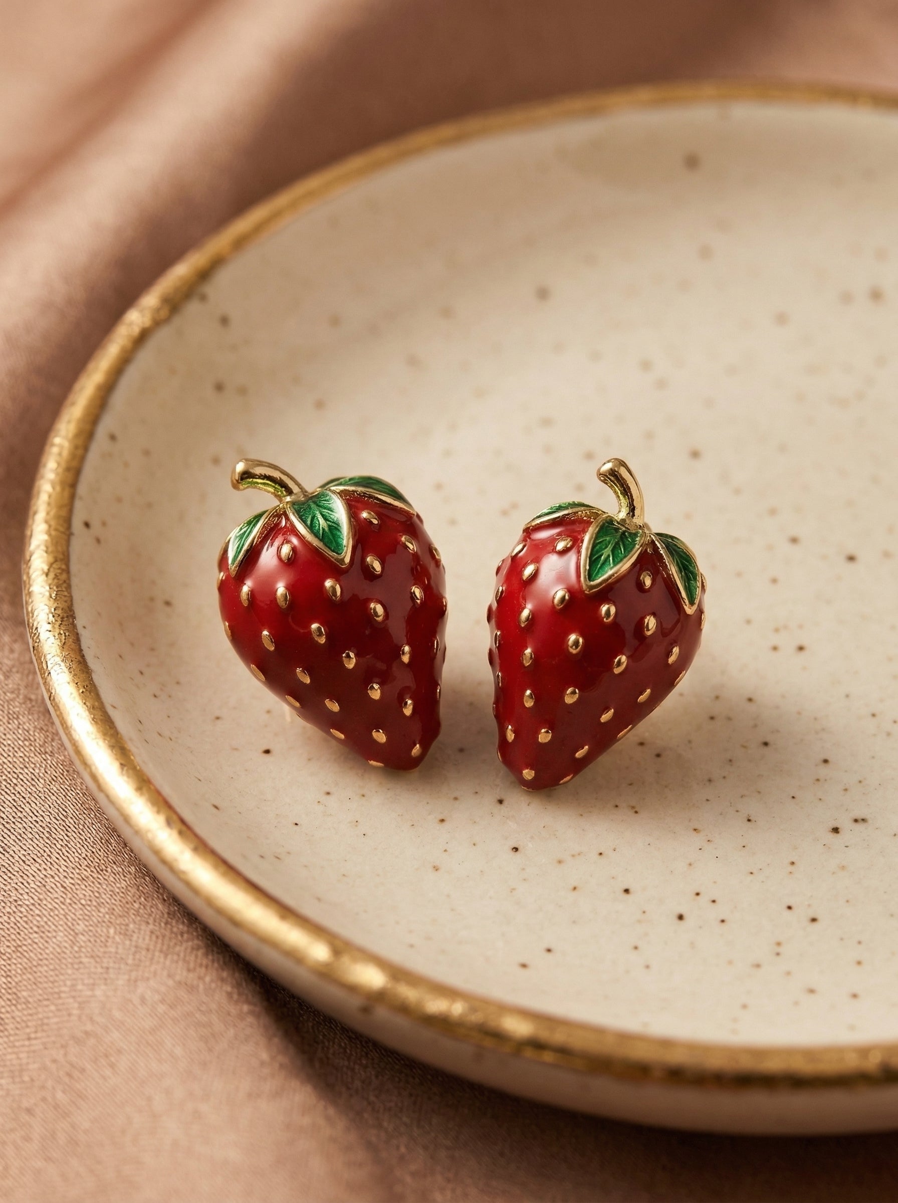 Red Strawberry Drop Earrings with Green Alloy Leaves & Silver Needle