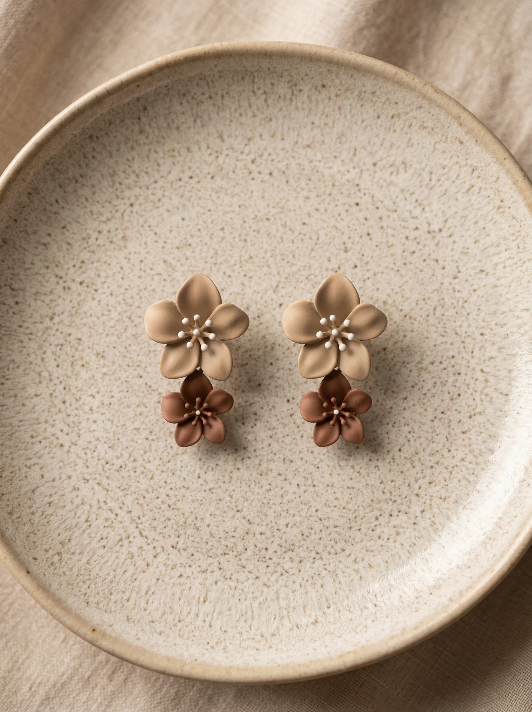 Khaki & Reddish-Brown Floral Layered Earrings