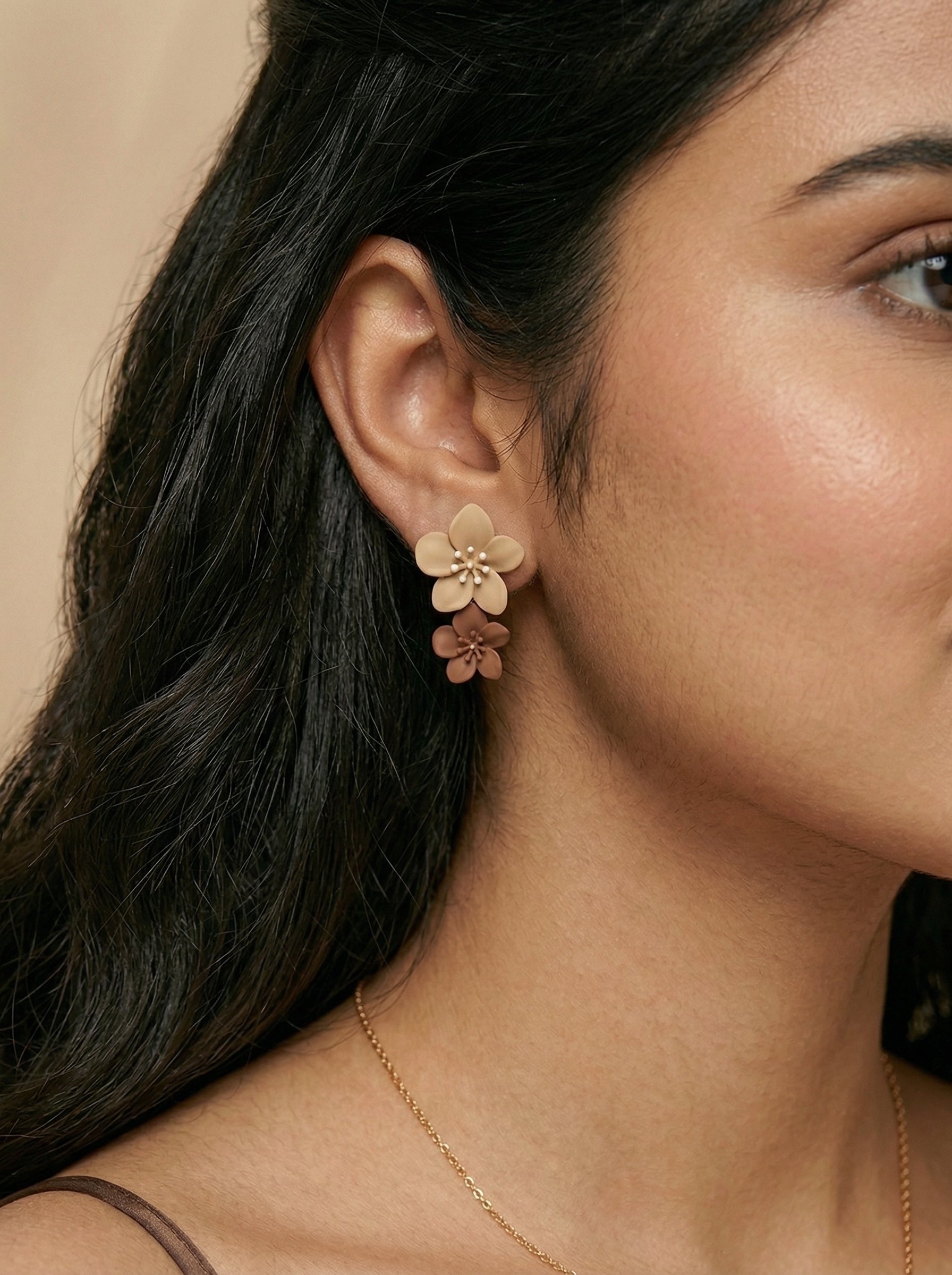 Khaki & Reddish-Brown Floral Layered Earrings