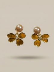 Brown Floral Pearl Stud Earrings - Enamel Metal for Women