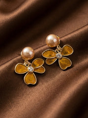 Brown Floral Pearl Stud Earrings - Enamel Metal for Women