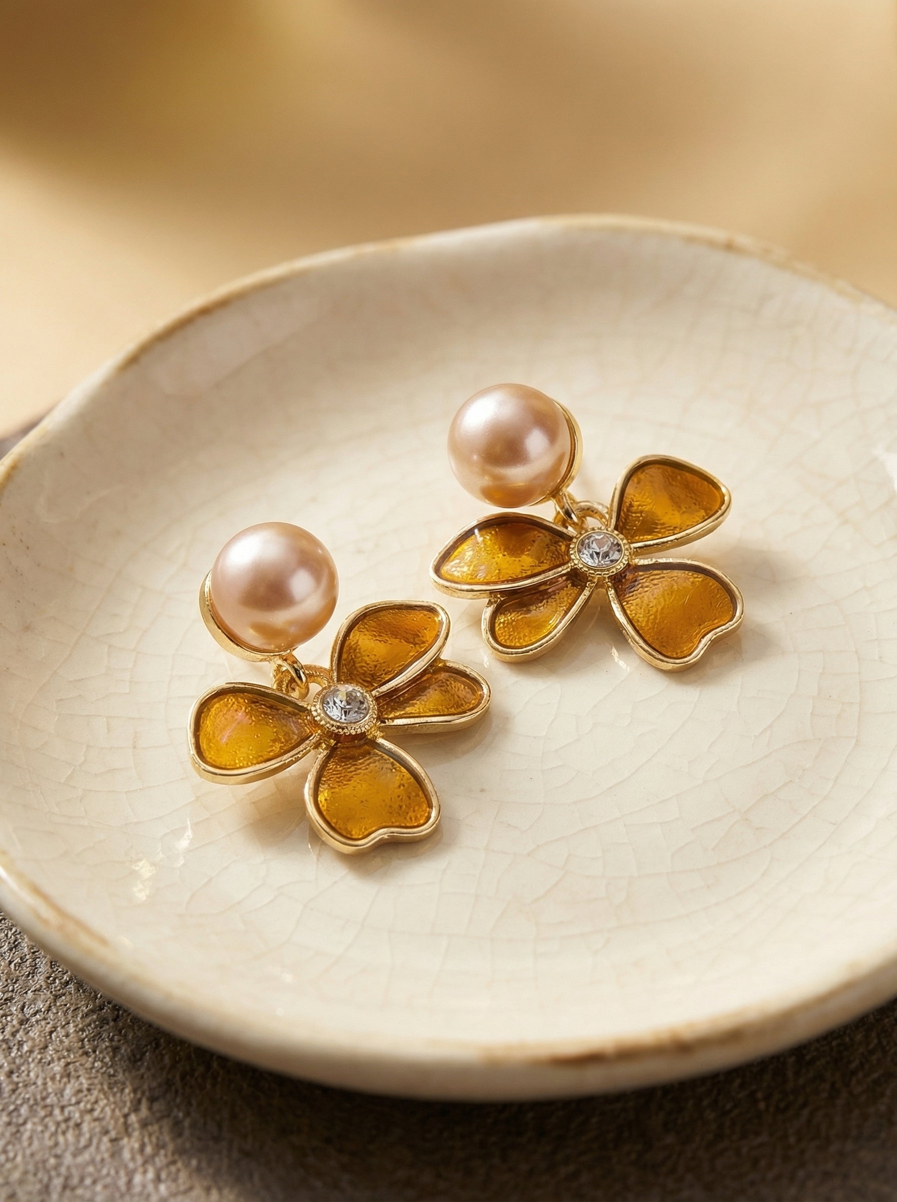 Brown Floral Pearl Stud Earrings - Enamel Metal for Women