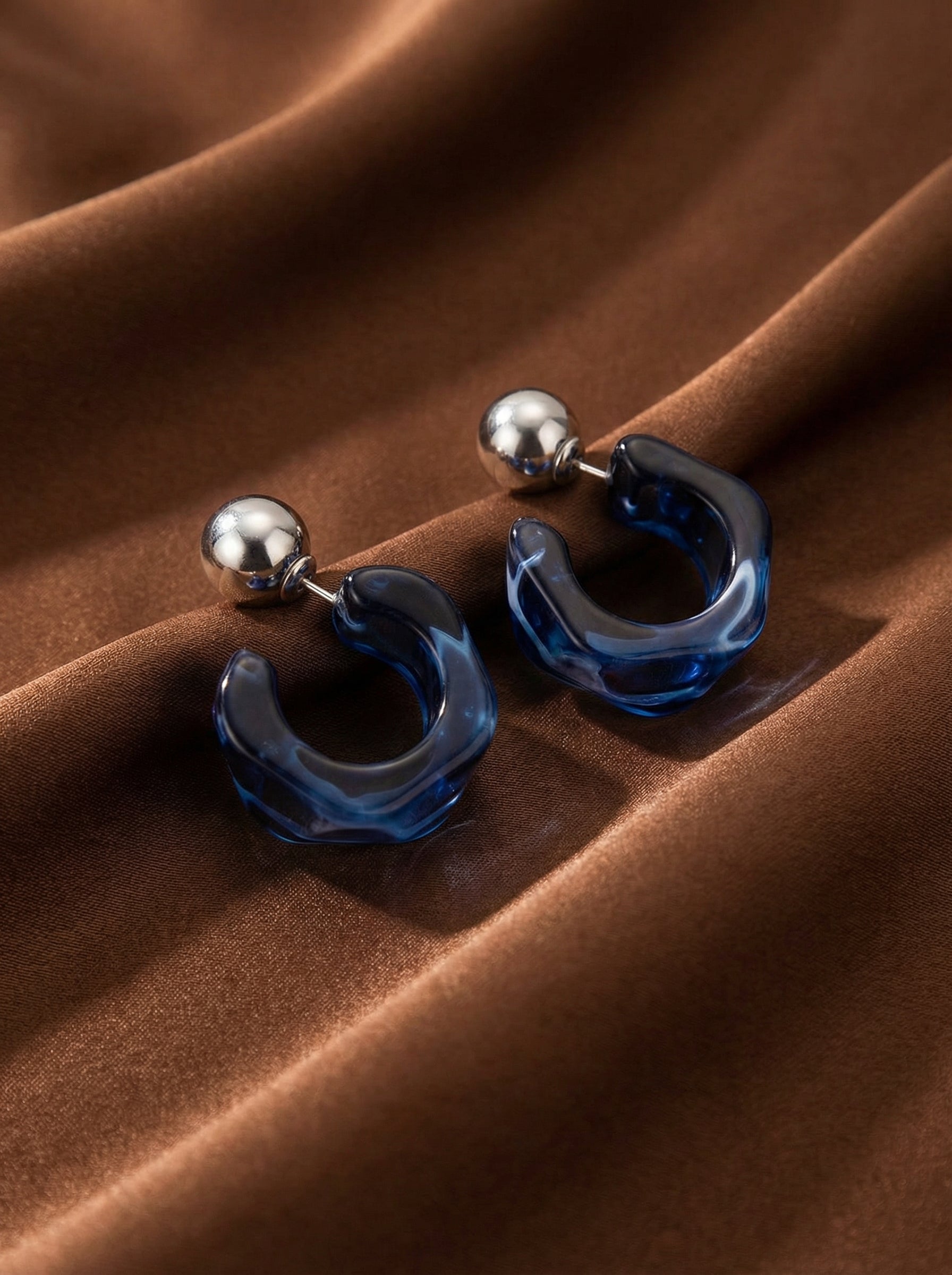 Blue Acrylic C-Shaped Ear Studs with Silver Posts