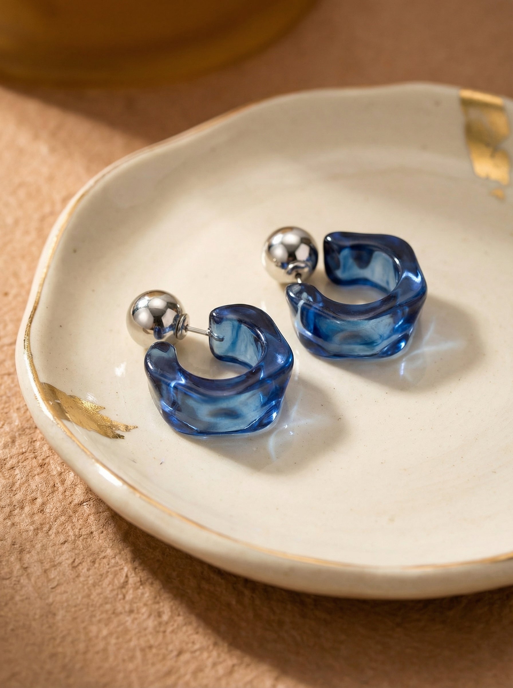 Blue Acrylic C-Shaped Ear Studs with Silver Posts
