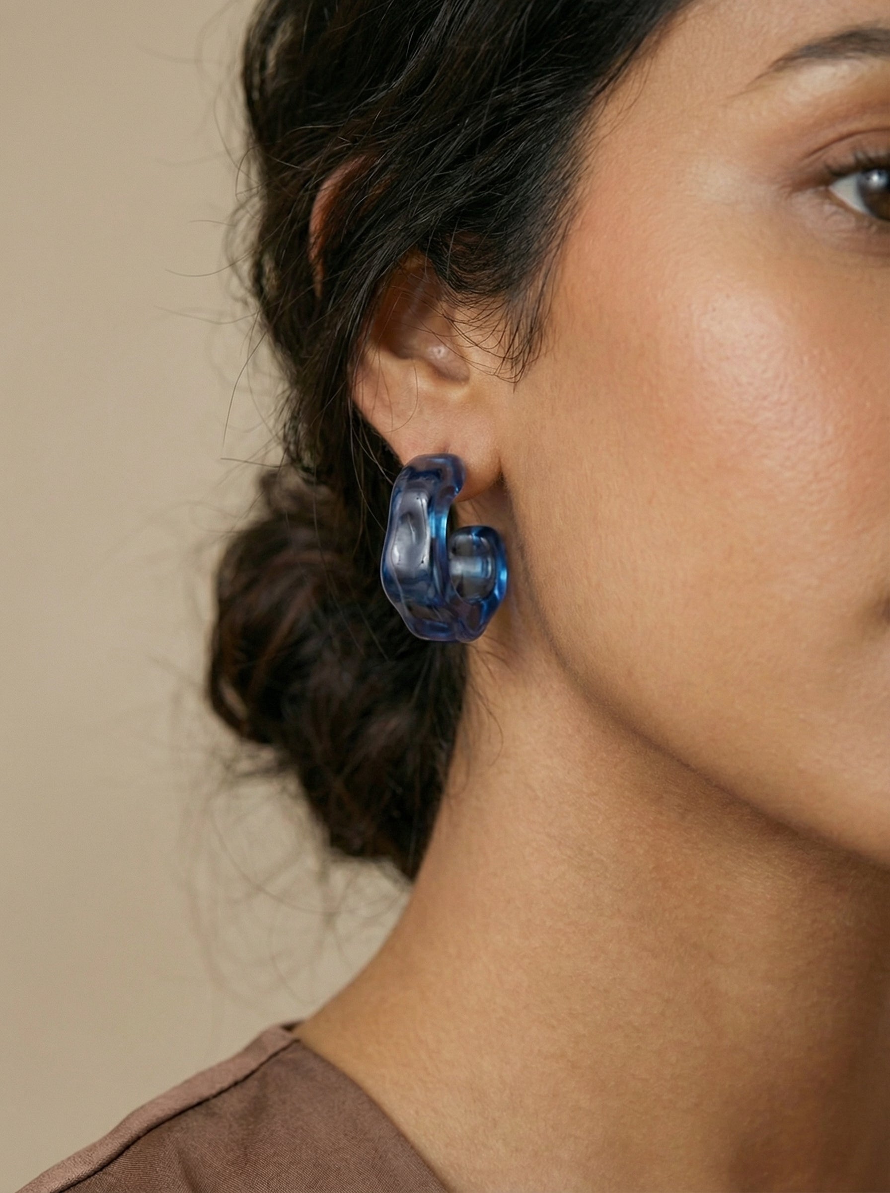 Blue Acrylic C-Shaped Ear Studs with Silver Posts