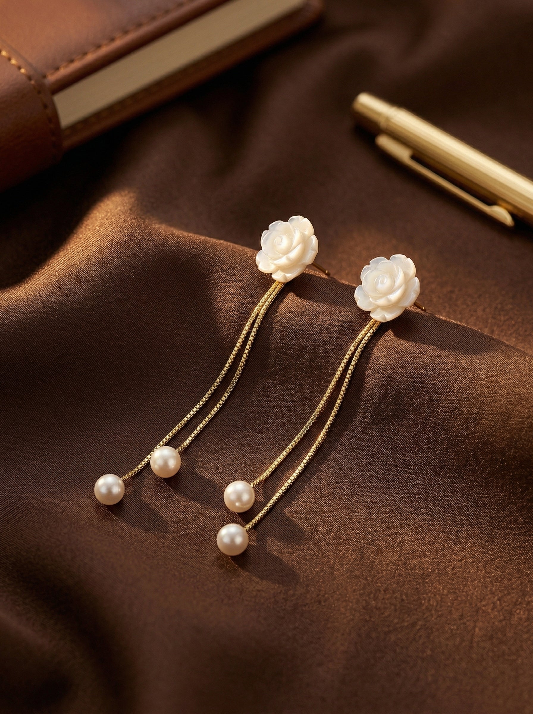 S925 Silver Needle Pearl Drop Earrings with Floral Butterfly Knot
