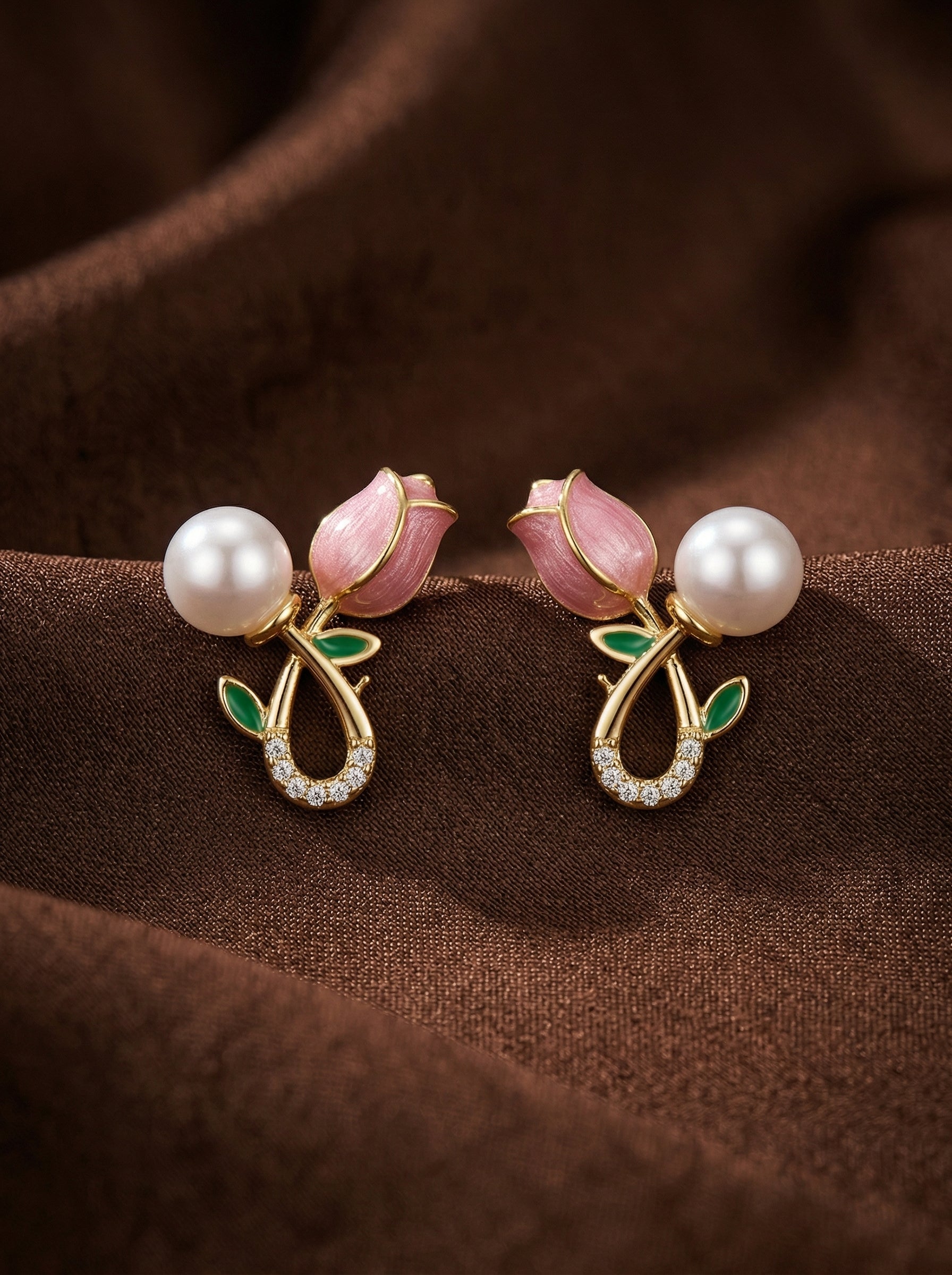 Gold-Tone Floral Drop Earrings with Pink Petals & Pearl