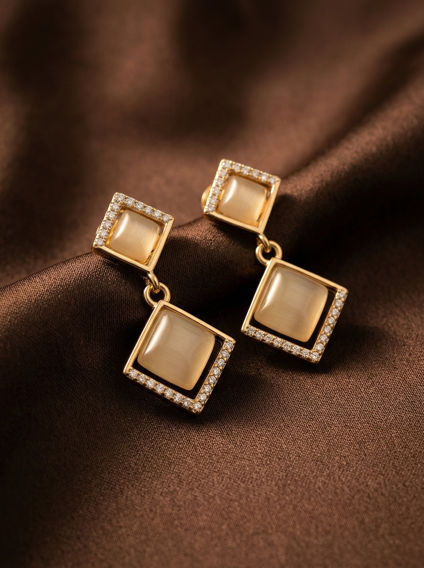 Tiered Gold Square Earrings with 925 Silver Needle & Neutral Stones