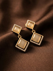 Tiered Gold Square Earrings with 925 Silver Needle & Neutral Stones