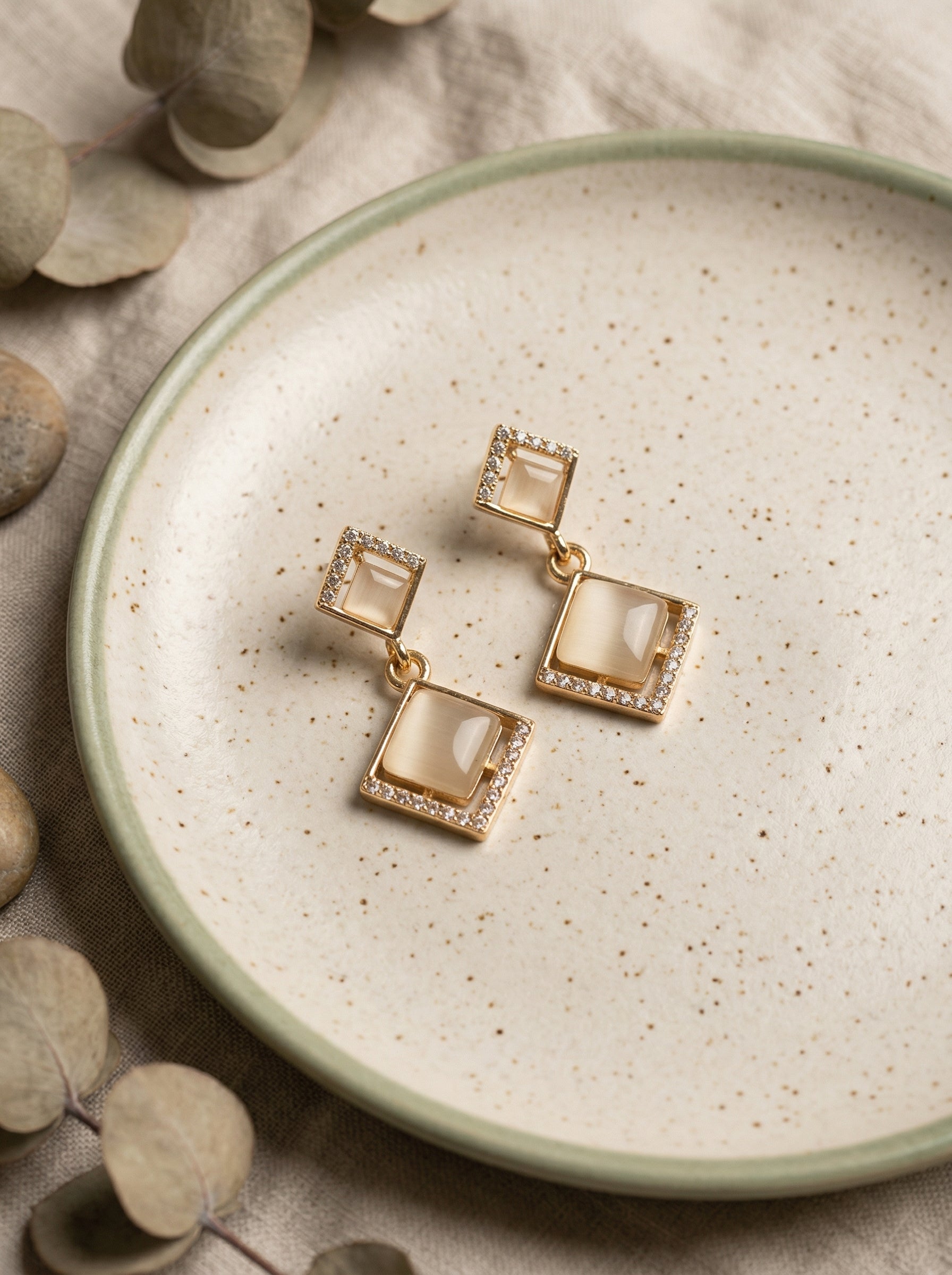 Tiered Gold Square Earrings with 925 Silver Needle & Neutral Stones