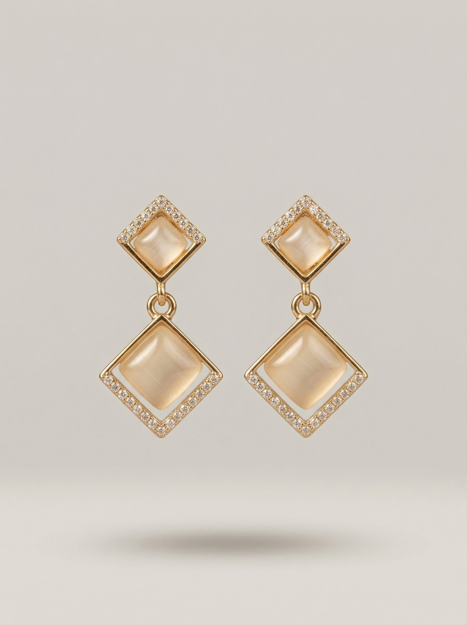 Tiered Gold Square Earrings with 925 Silver Needle & Neutral Stones