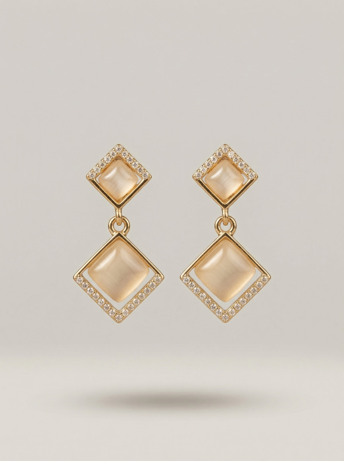 Tiered Gold Square Earrings with 925 Silver Needle & Neutral Stones