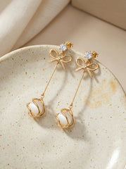 Gold Bow Pearl Drop Earrings With 925 Silver Needle