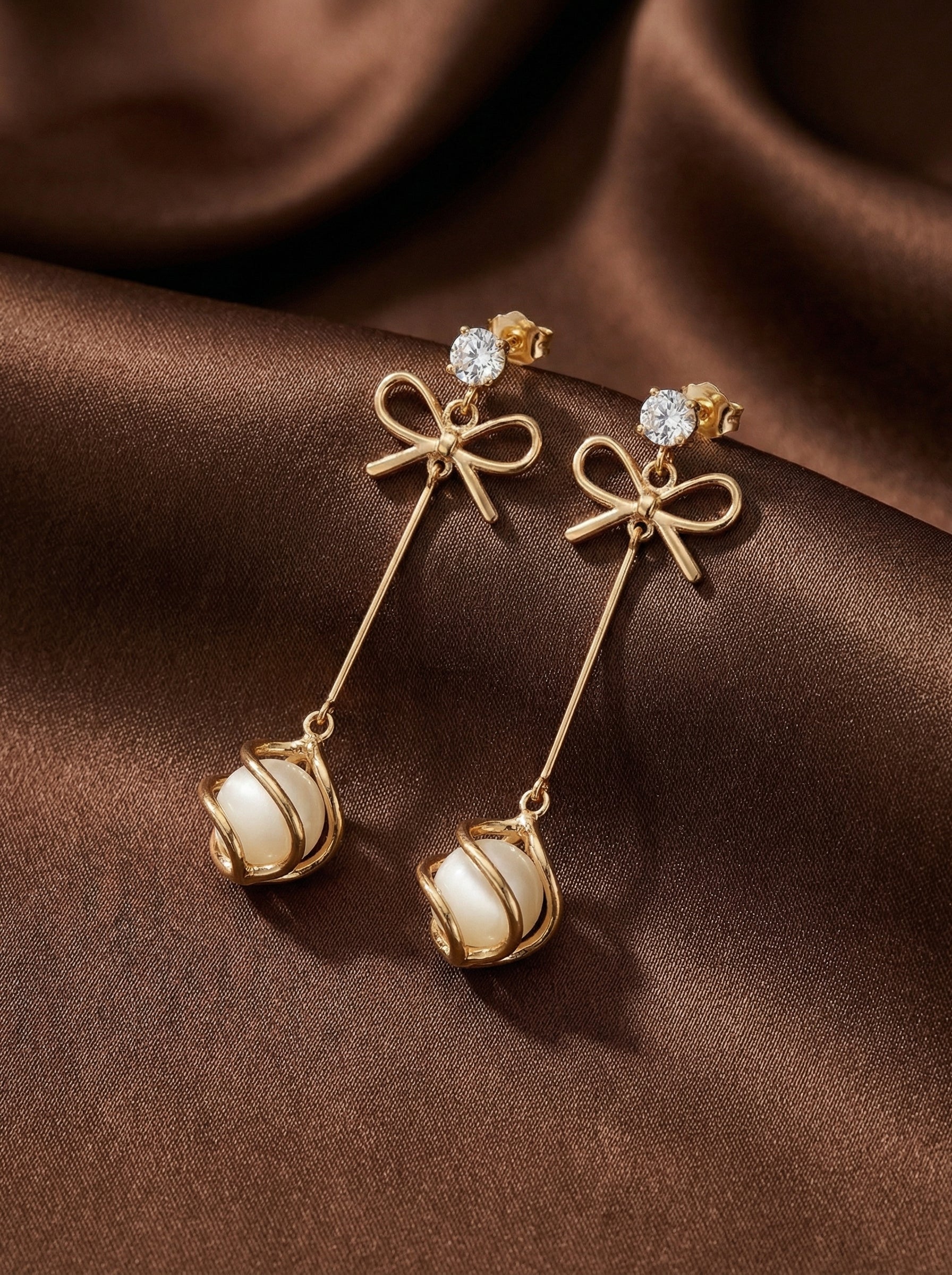 Gold Bow Pearl Drop Earrings With 925 Silver Needle