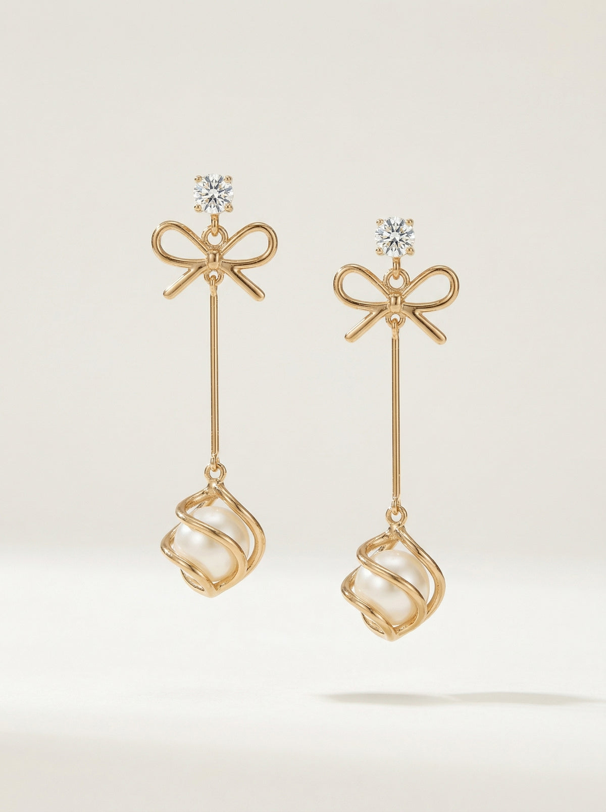 Gold Bow Pearl Drop Earrings With 925 Silver Needle