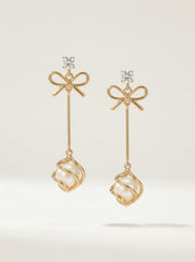 Gold Bow Pearl Drop Earrings With 925 Silver Needle