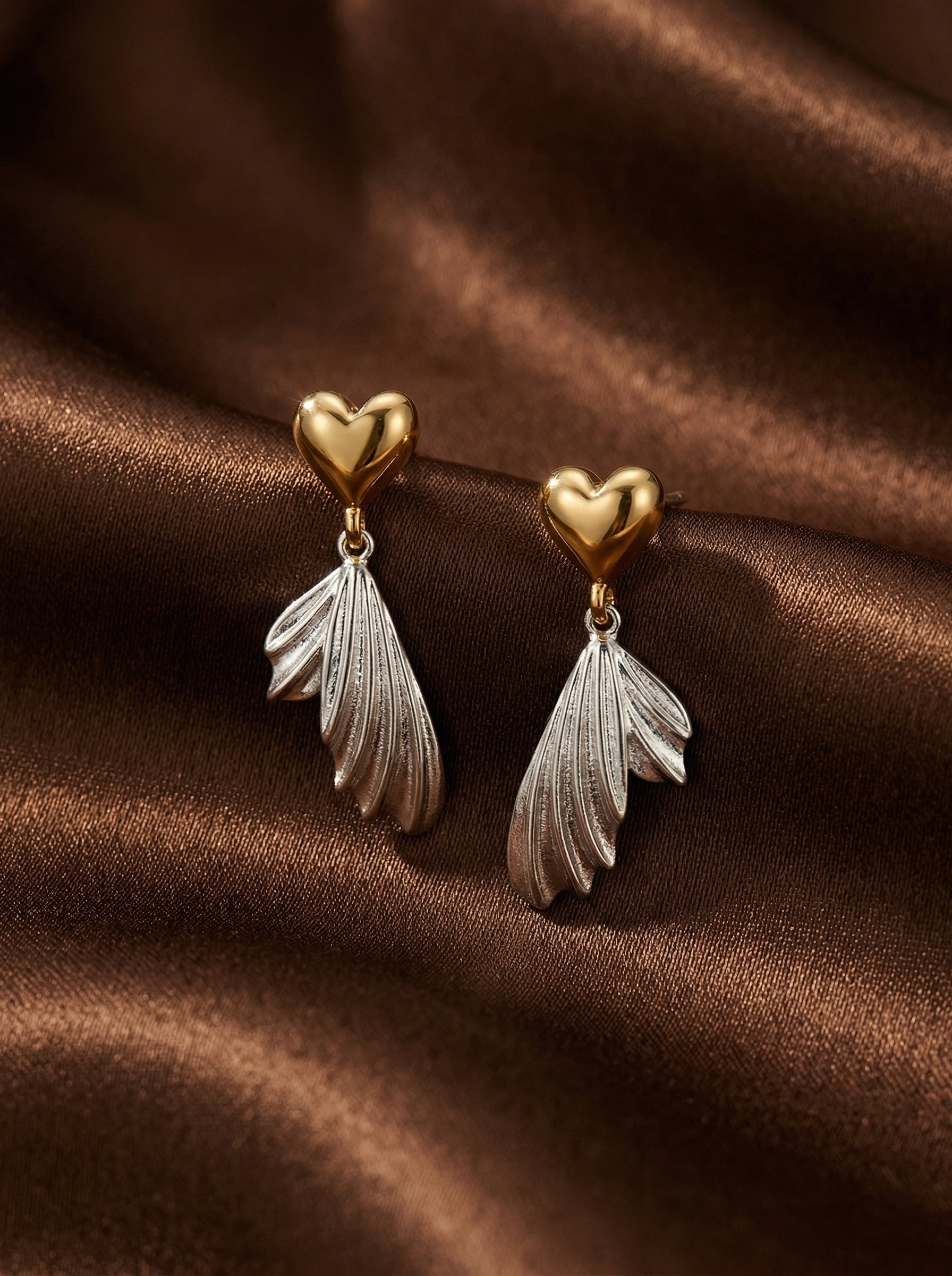 Two-Tone Heart & Shell Earrings in Gold and Silver - 925 Sterling Silver
