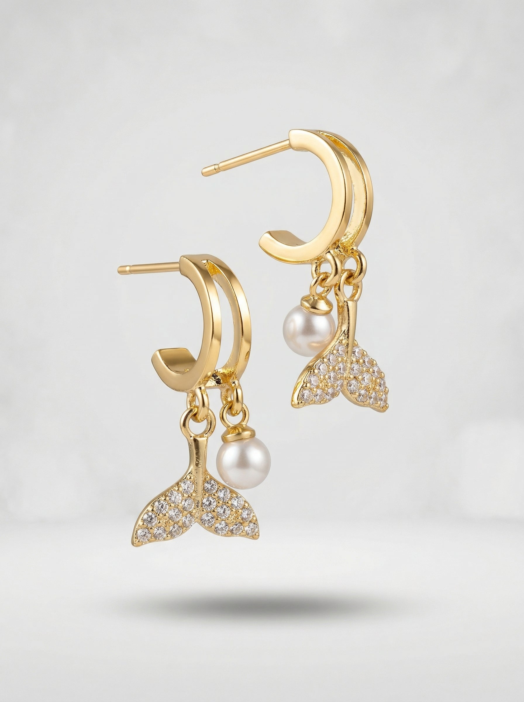 Pearl Drop Gold Hoop Earrings - Cute Mermaid Tail Crystal Earrings for Women