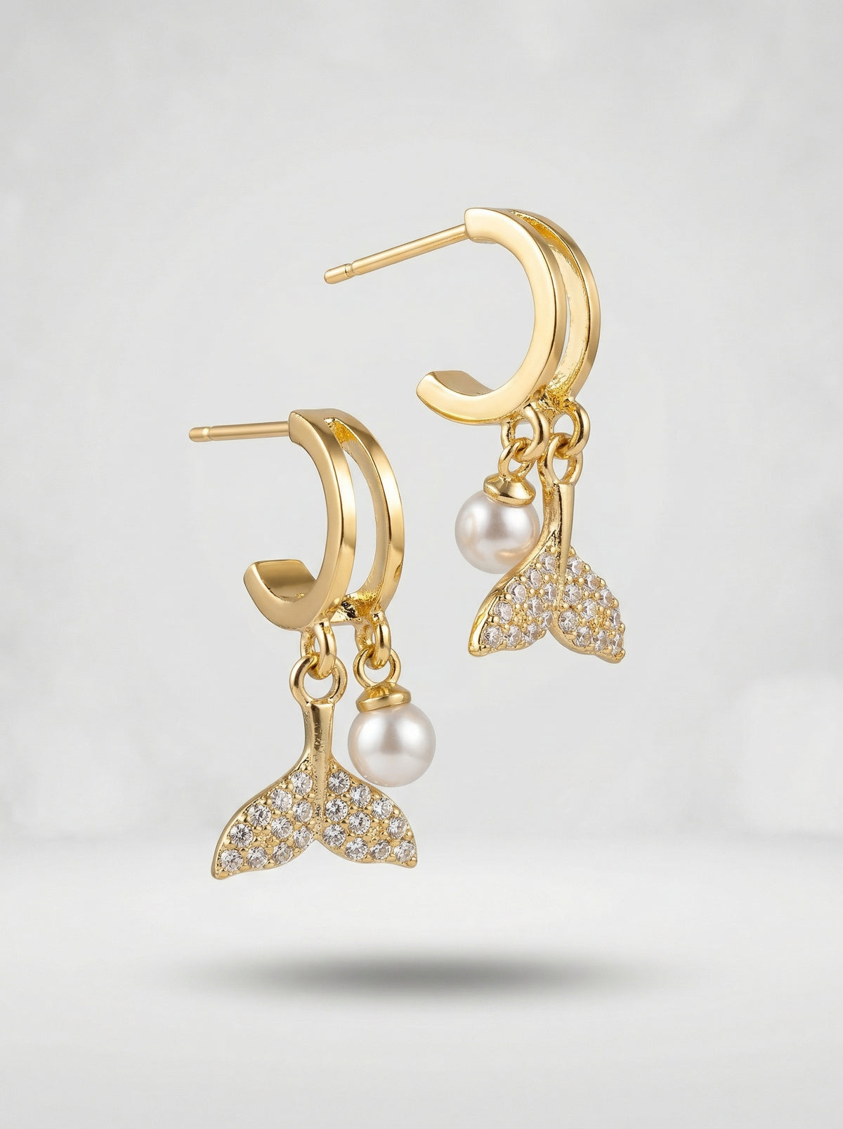Pearl Drop Gold Hoop Earrings - Cute Mermaid Tail Crystal Earrings for Women