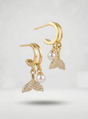 Pearl Drop Gold Hoop Earrings - Cute Mermaid Tail Crystal Earrings for Women