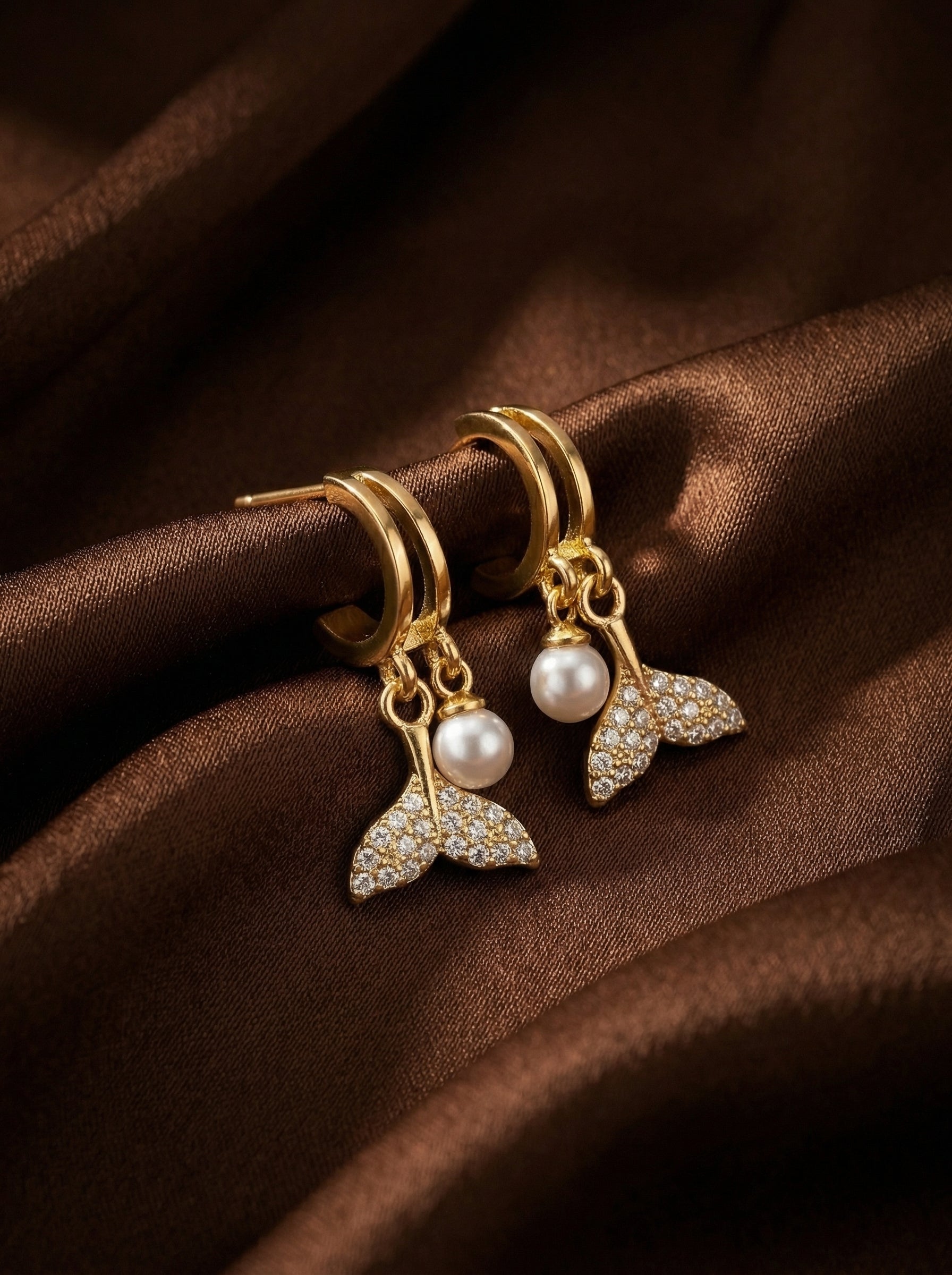 Pearl Drop Gold Hoop Earrings - Cute Mermaid Tail Crystal Earrings for Women