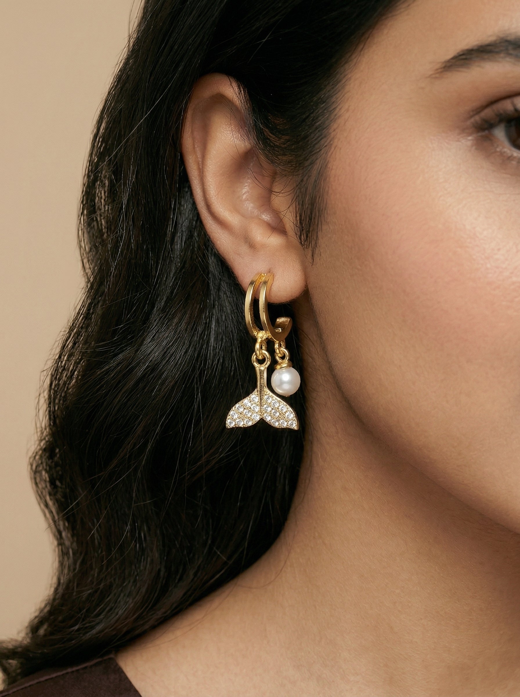 Pearl Drop Gold Hoop Earrings - Cute Mermaid Tail Crystal Earrings for Women