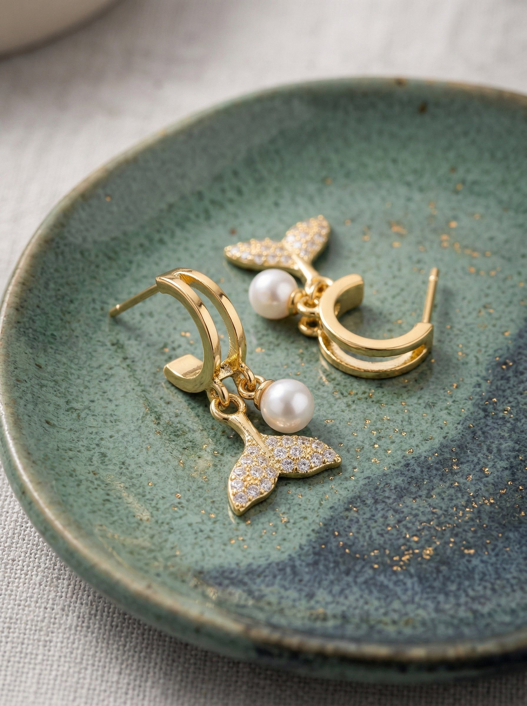 Pearl Drop Gold Hoop Earrings - Cute Mermaid Tail Crystal Earrings for Women