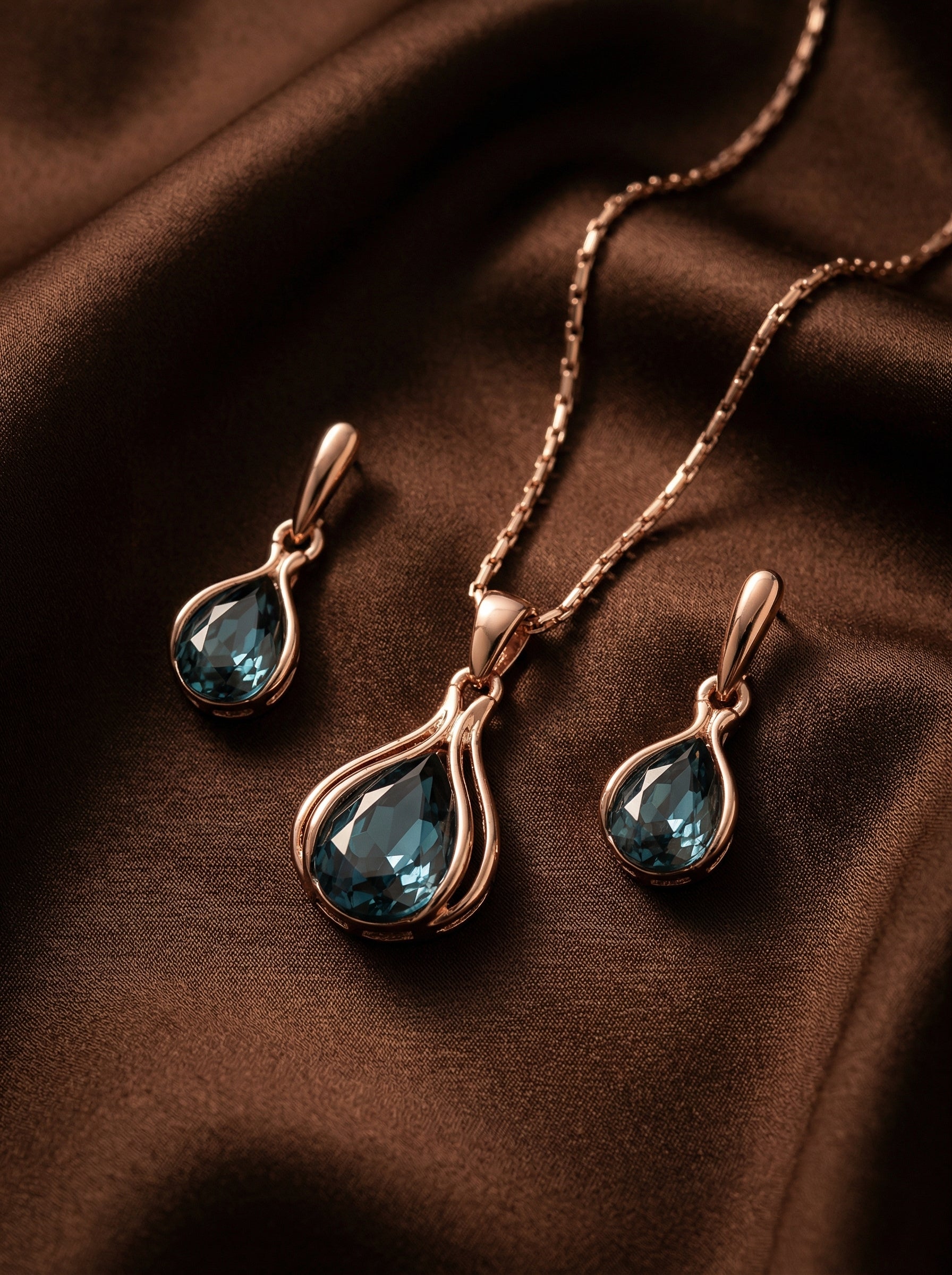 Blue Teardrop Necklace & Earrings Set in Crystal Alloy and Rose Gold