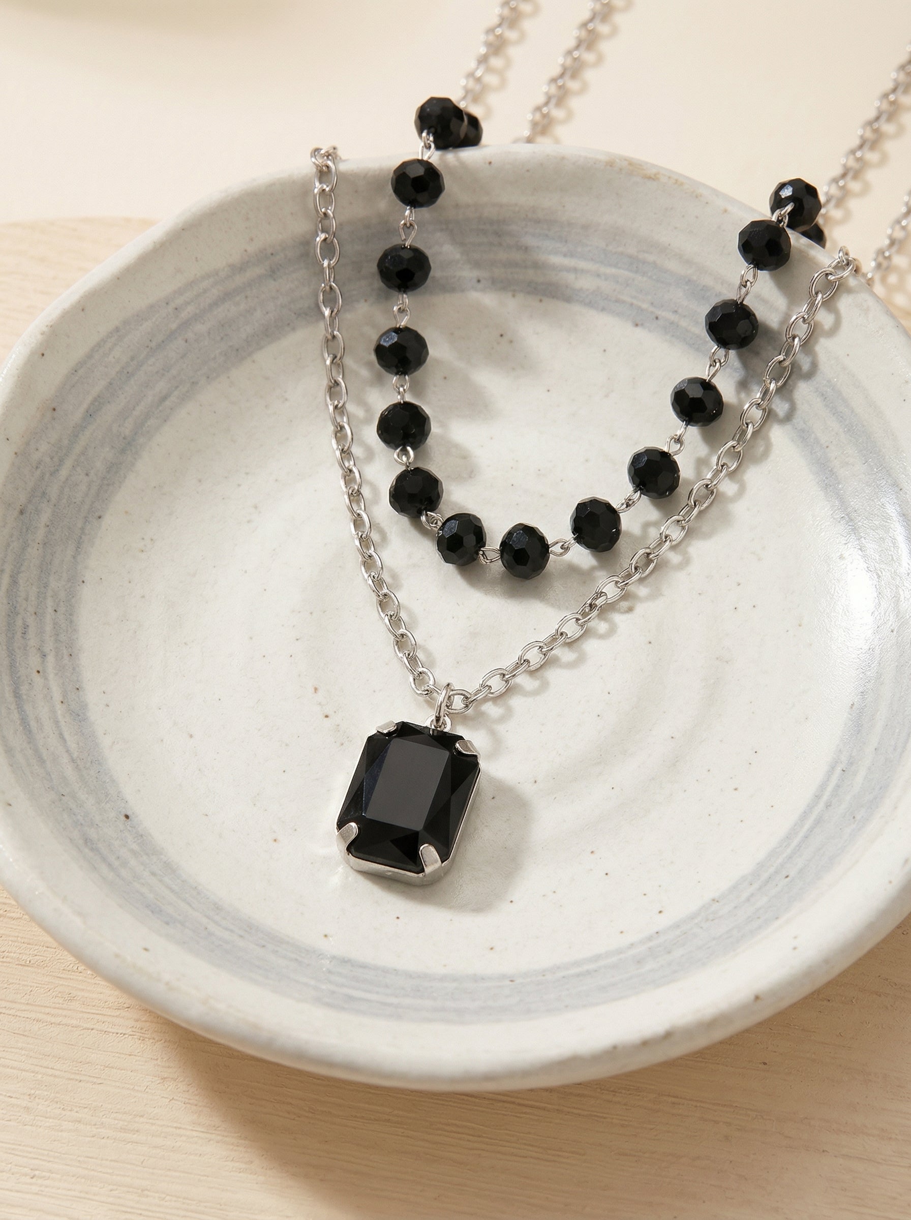 Black Double-Layer White Gold Plated Glass Bead & Acrylic Necklace