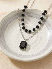 Black Double-Layer White Gold Plated Glass Bead & Acrylic Necklace