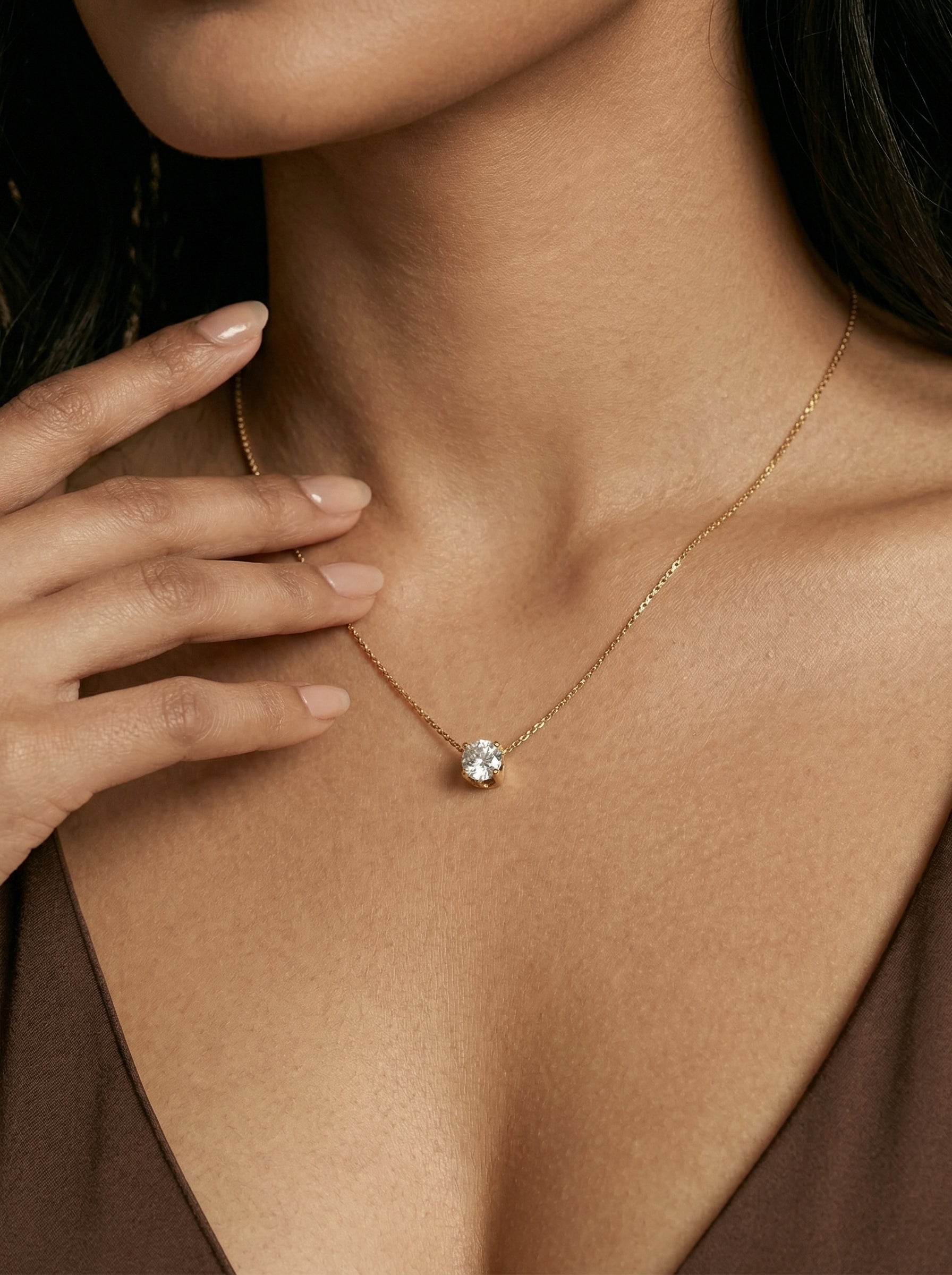 Gold 18K Plated Stainless Steel Single Diamond Pendant Necklace