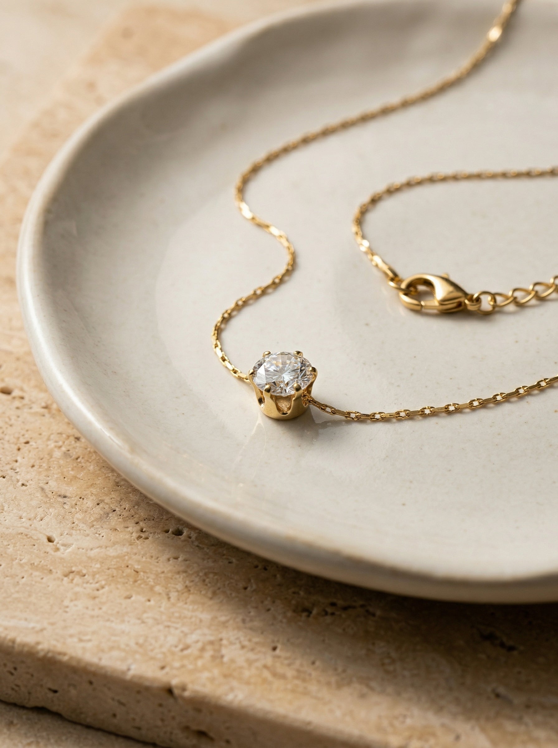 Gold 18K Plated Stainless Steel Single Diamond Pendant Necklace