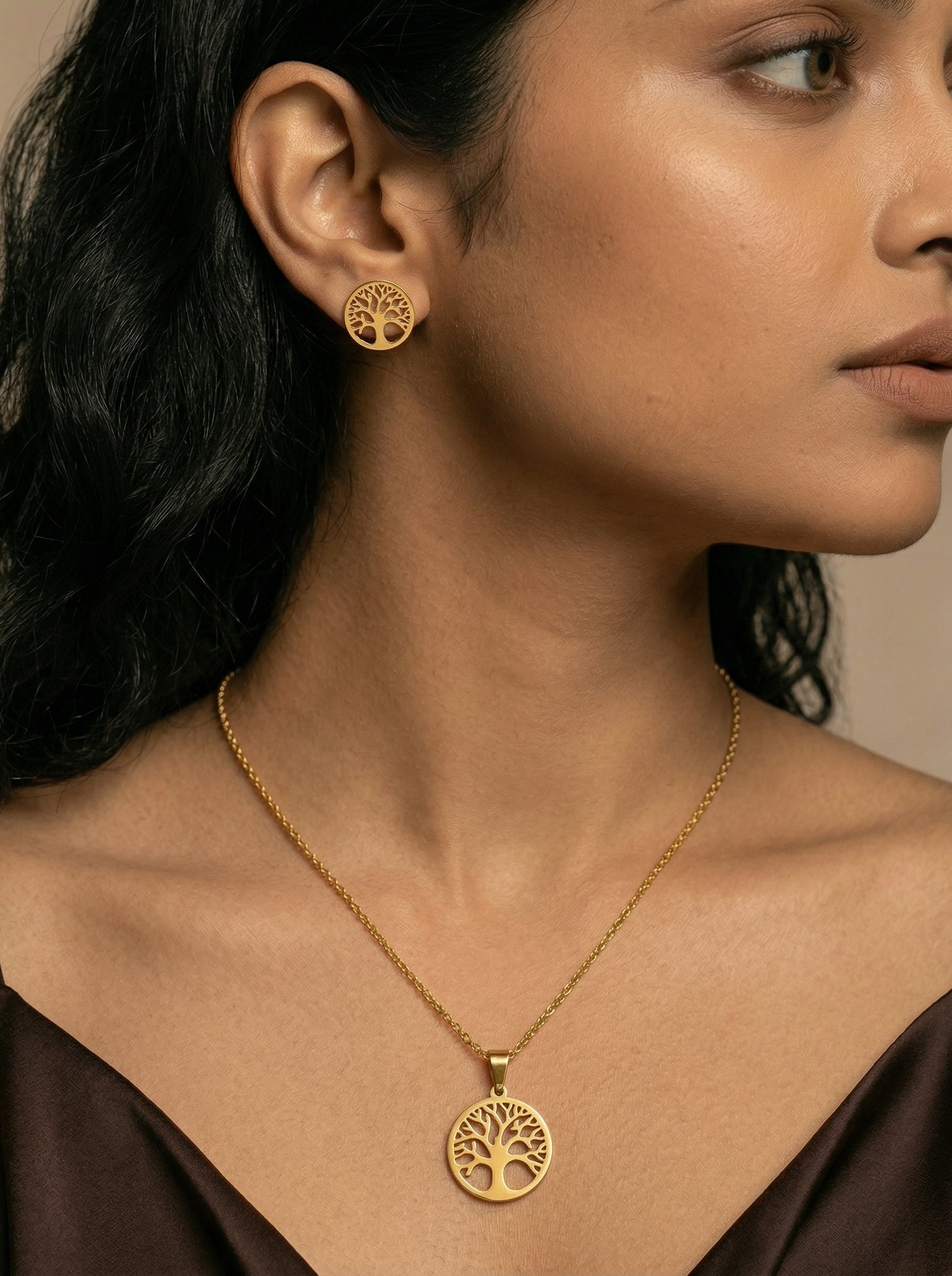 Gold Tree Motif Stainless Steel Necklace & Earrings Set