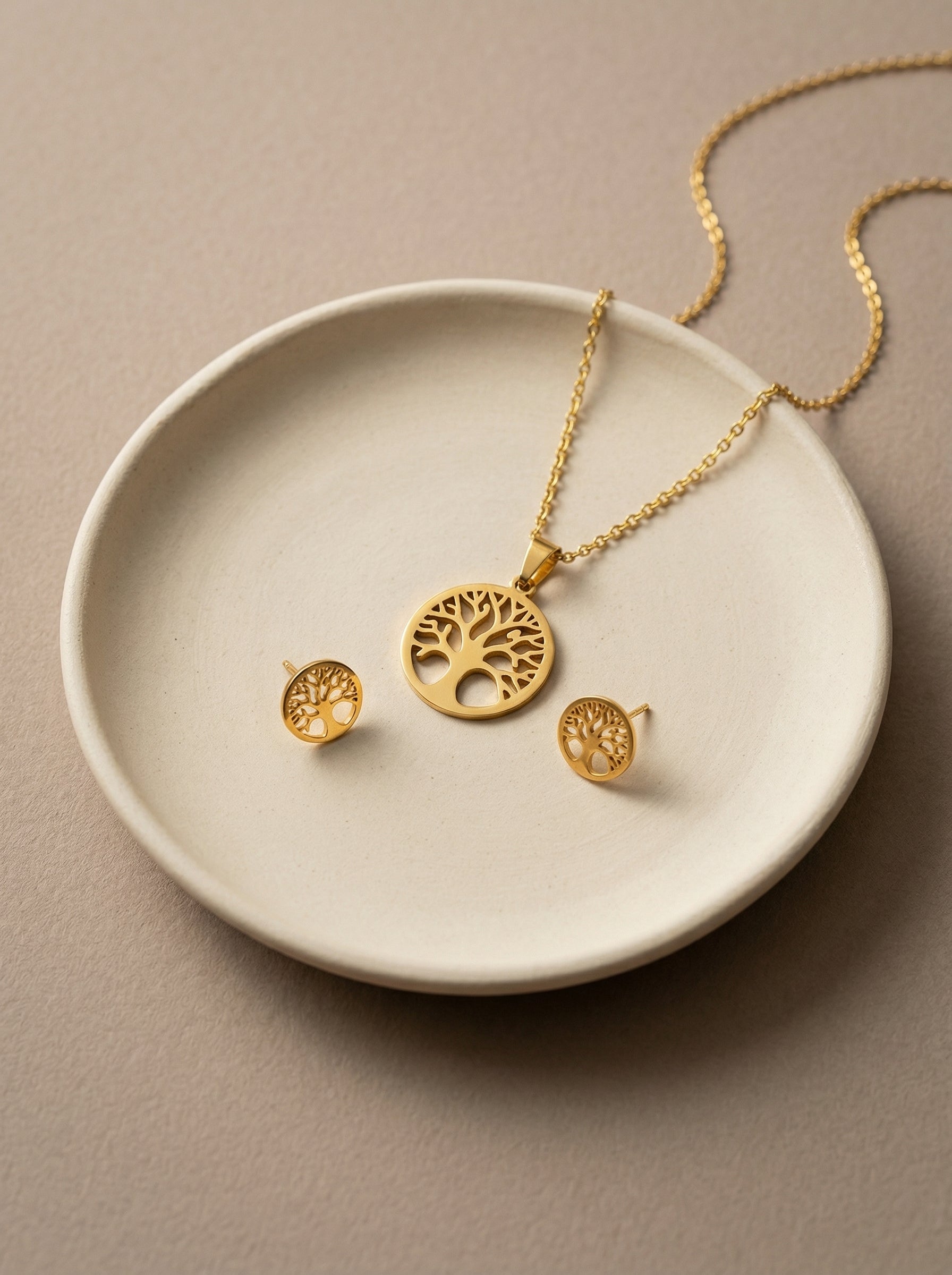 Gold Tree Motif Stainless Steel Necklace & Earrings Set