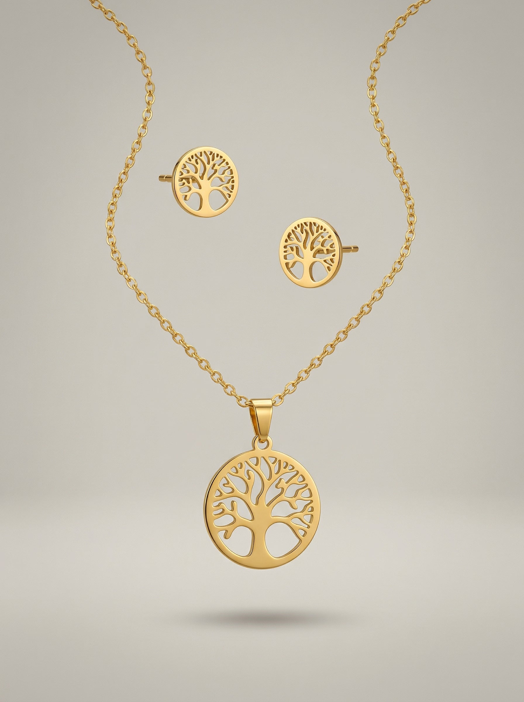 Gold Tree Motif Stainless Steel Necklace & Earrings Set