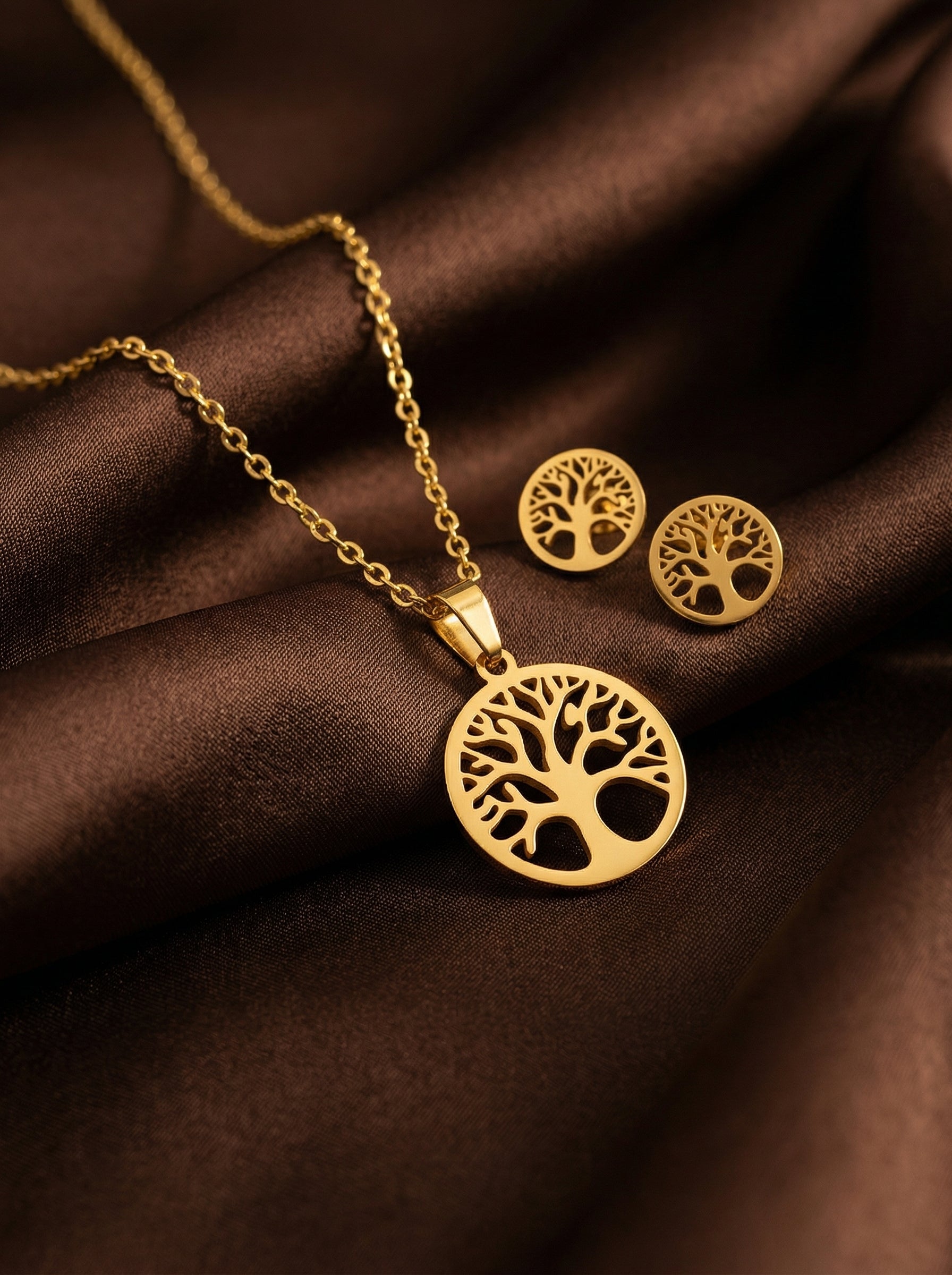 Gold Tree Motif Stainless Steel Necklace & Earrings Set