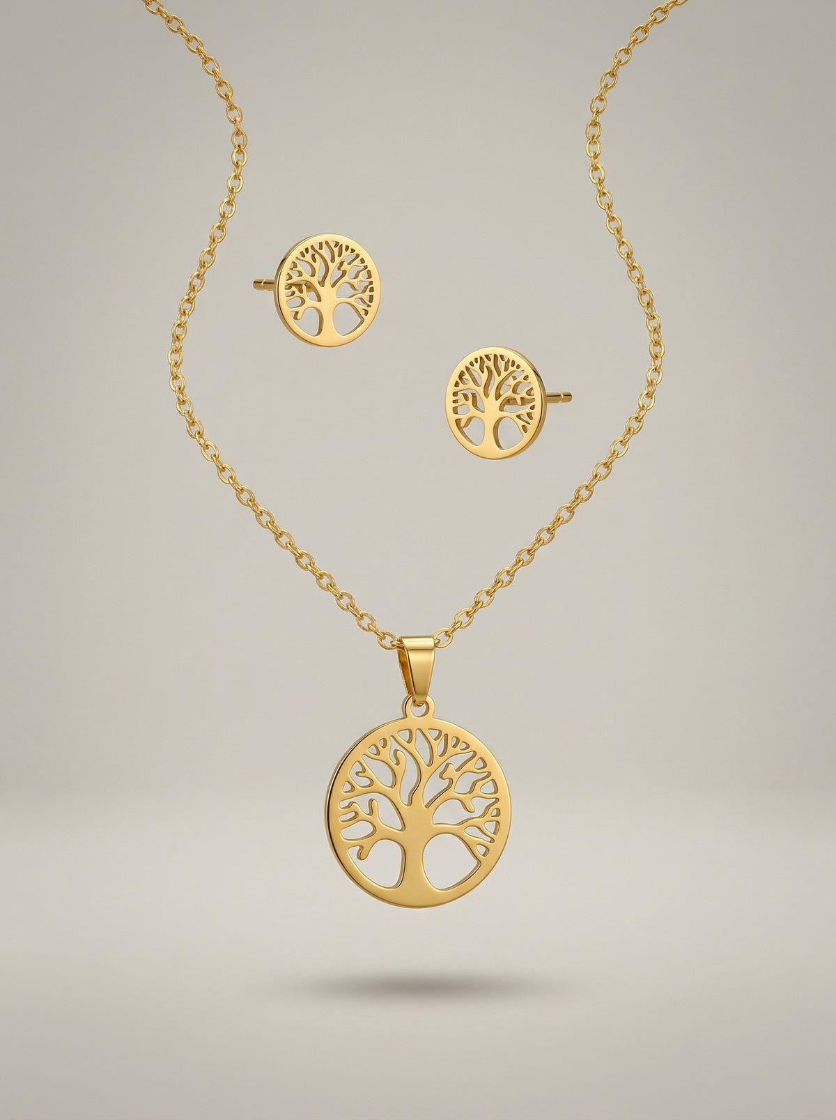 Gold Tree Motif Stainless Steel Necklace & Earrings Set