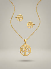 Gold Tree Motif Stainless Steel Necklace & Earrings Set