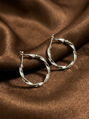 Textured Silver Hoop Earrings – Minimal Twisted Alloy Hoops with 925 Sterling Silver Needle for Women