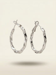 Textured Silver Hoop Earrings – Minimal Twisted Alloy Hoops with 925 Sterling Silver Needle for Women