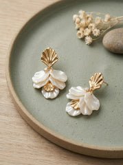 Shell Petals Gold & White Stud Earrings with Silver Needle