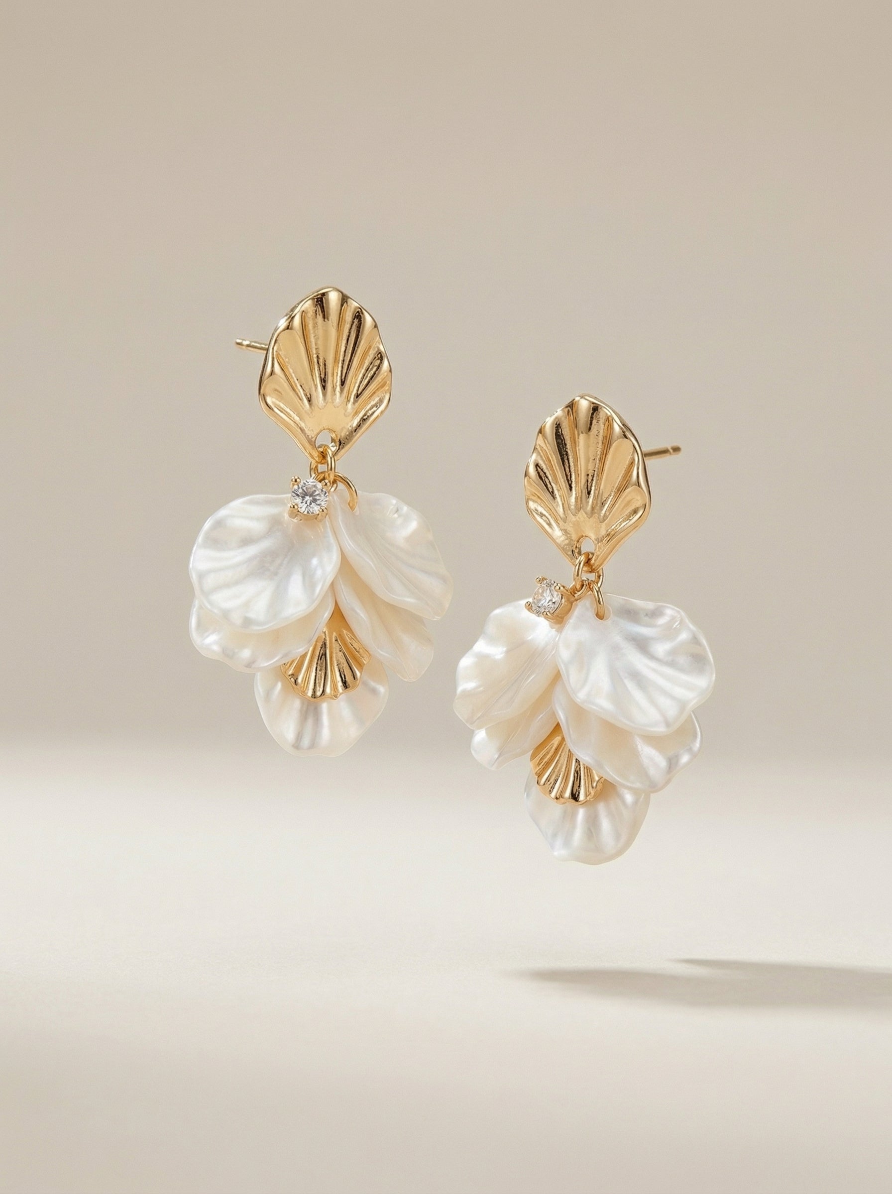 Shell Petals Gold & White Stud Earrings with Silver Needle