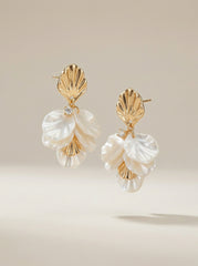 Shell Petals Gold & White Stud Earrings with Silver Needle