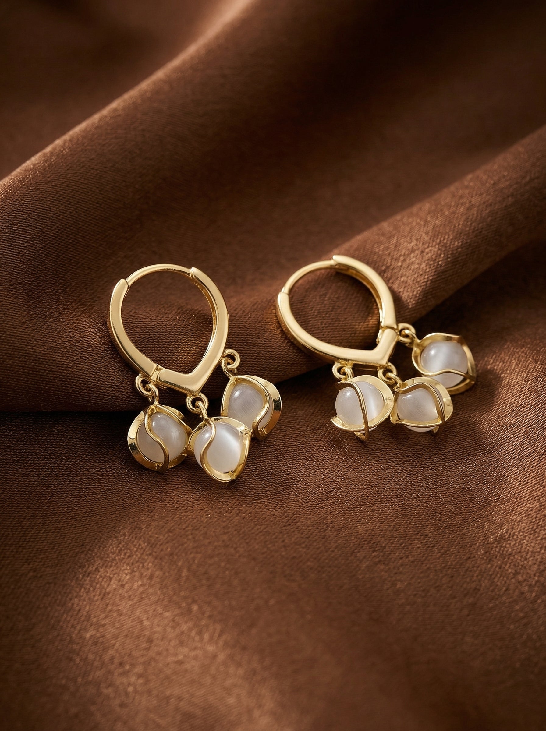 Gold Charm Hoop Earrings with White Stone Drops – Minimal Elegant Dangle Earrings for Women