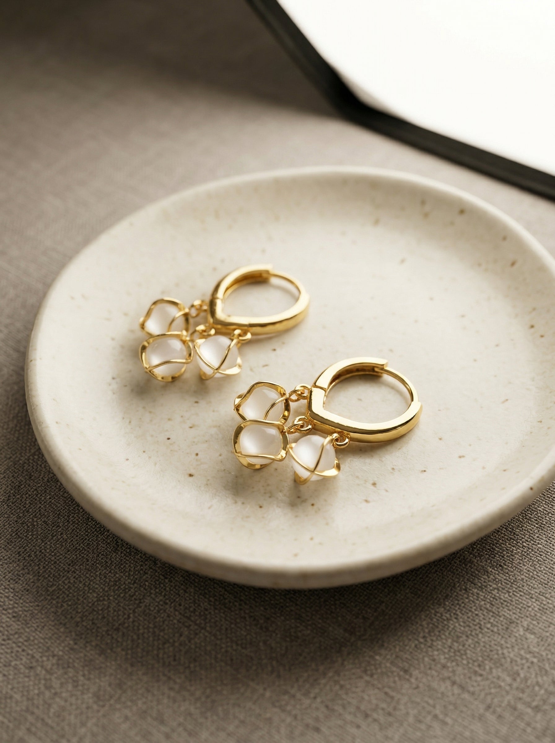 Gold Charm Hoop Earrings with White Stone Drops – Minimal Elegant Dangle Earrings for Women