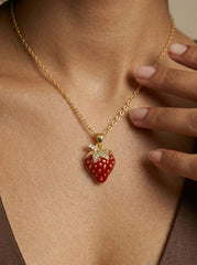 Gold Strawberry Pendant Necklace in Stainless Steel