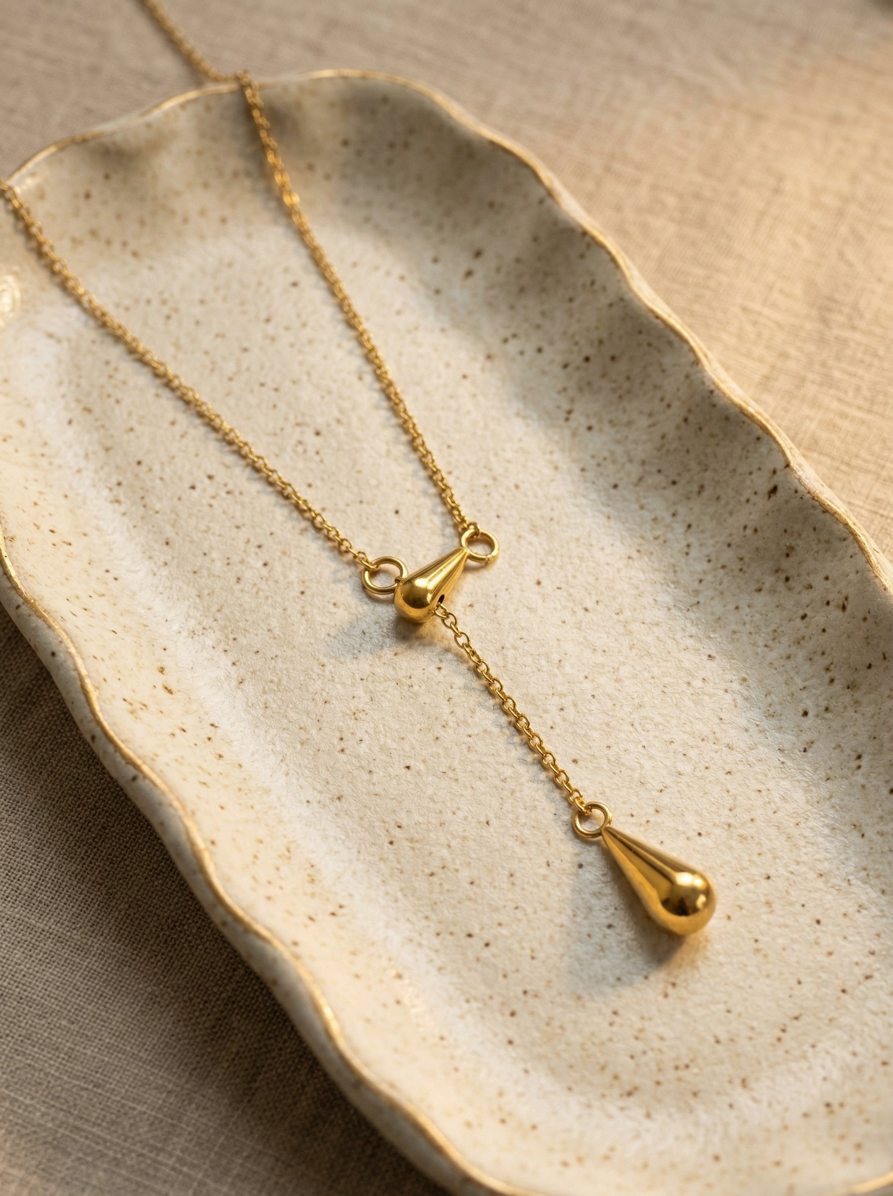Gold Water Drop Tassel Necklace Titanium Steel PVD Coated