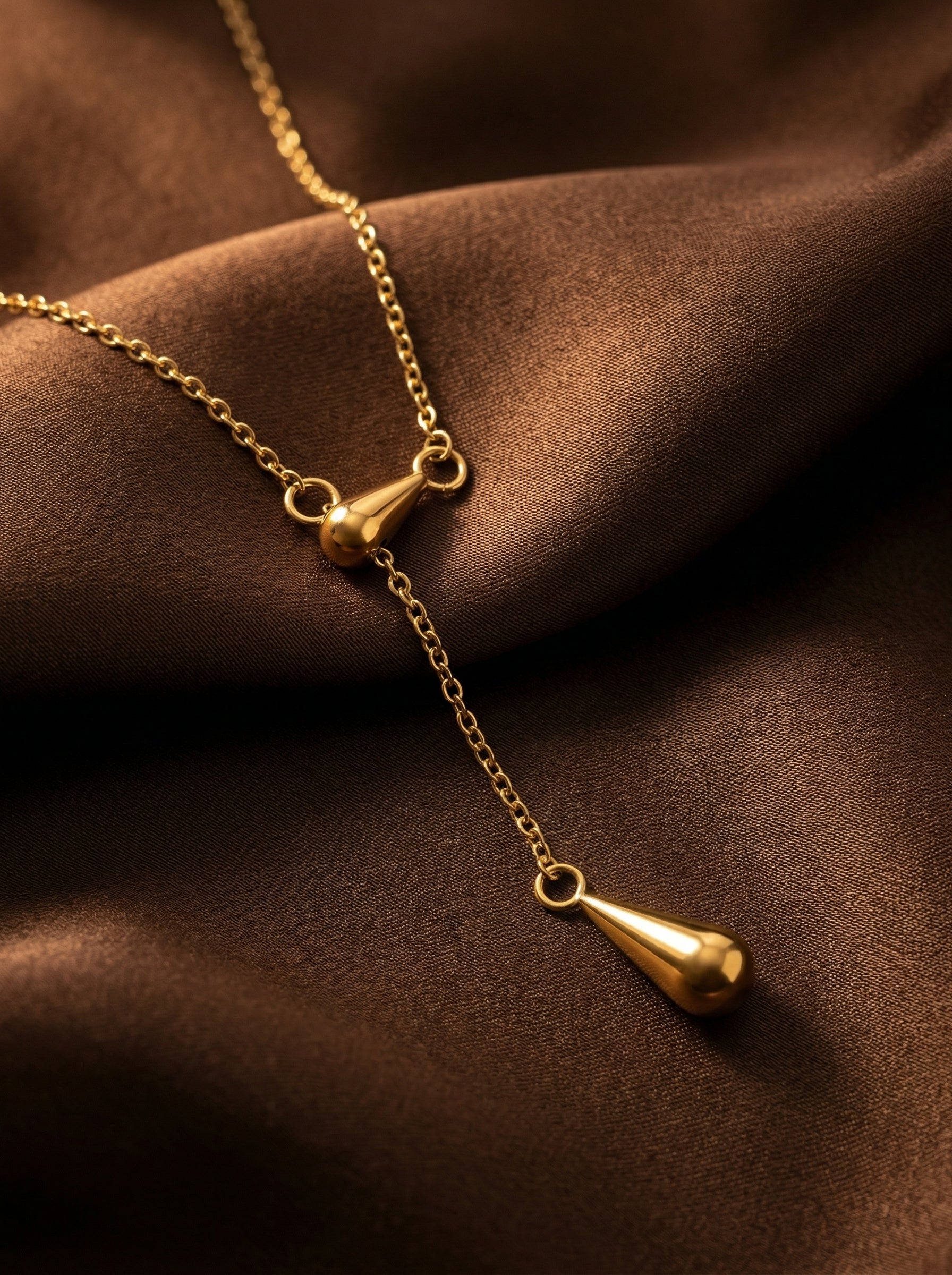 Gold Water Drop Tassel Necklace Titanium Steel PVD Coated